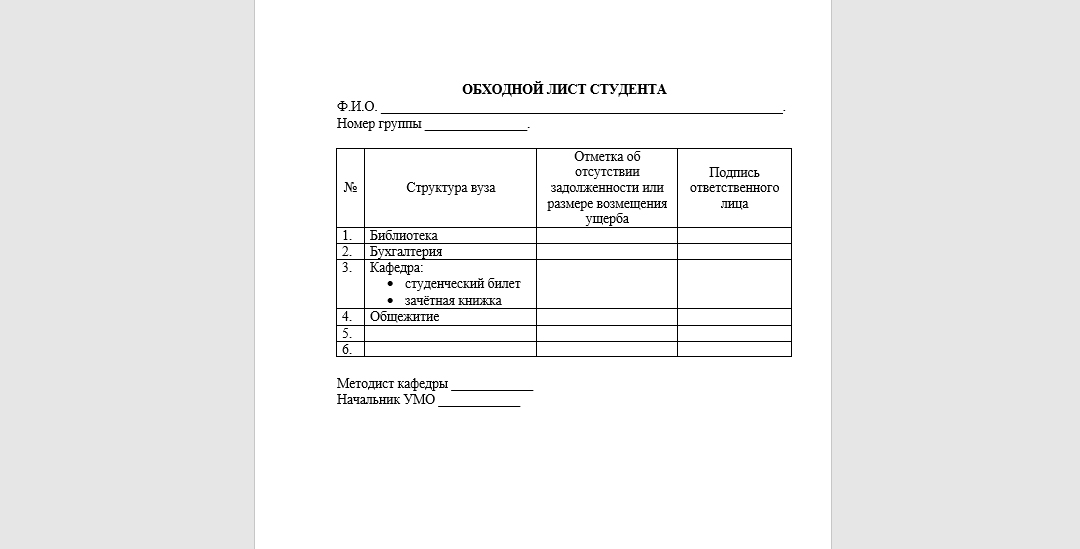 обходной лист для отчисления из вуза